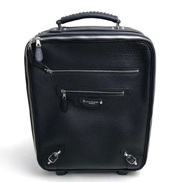 BALENCIAGA 272476 TROLLEY Case Travel Roller Carry-on Bag Leather Black/SilverHW - Picture 1 of 16